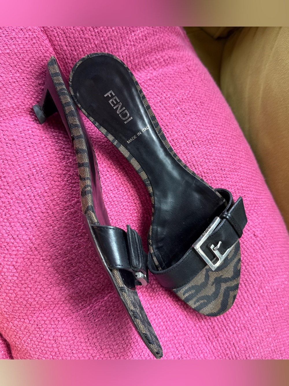 Vintage Fendi Zucca FF Monogram Buckle Mules Sandals Brown Black EU 38 Y2K